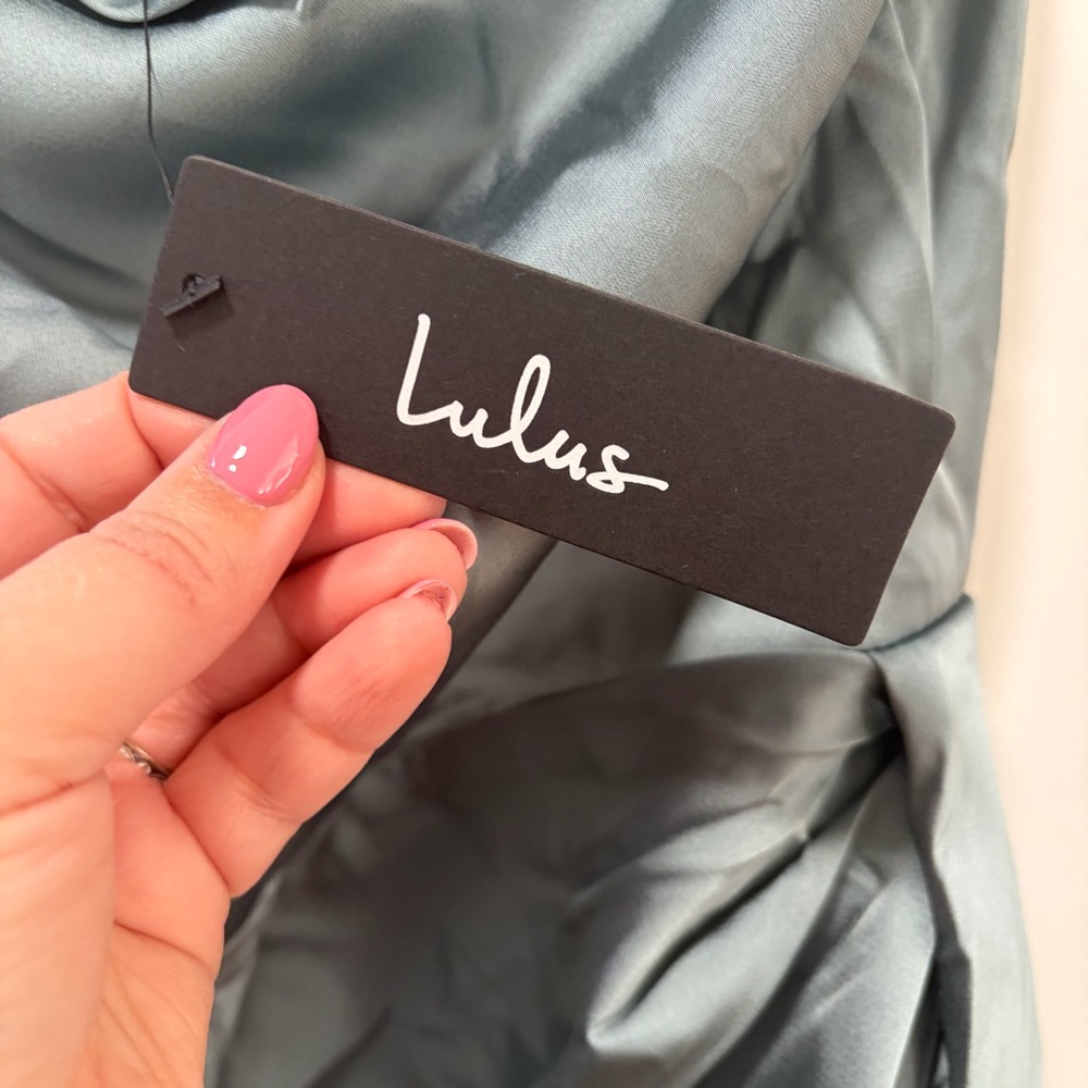 Lulus Signature Elegance NWT size XL Slate Blue Satin One-Shoulder Maxi Dress - Picture 9 of 14